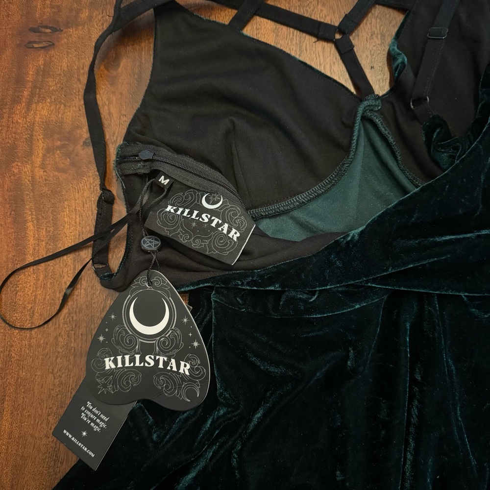 Killstar Strappy Velvet Mini Dress in Dark Green - Picture 5 of 11